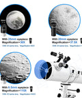 Image of 150mm Aperture Reflector Telescope For Adults With 750mm Focal Length Includes 5 Color Filters And 3x Barlow Lens Manual German Equatorial Mount With Smooth Slow Motion Altitude Lever For Serious Stargazing showing eyepieces for various magnifications