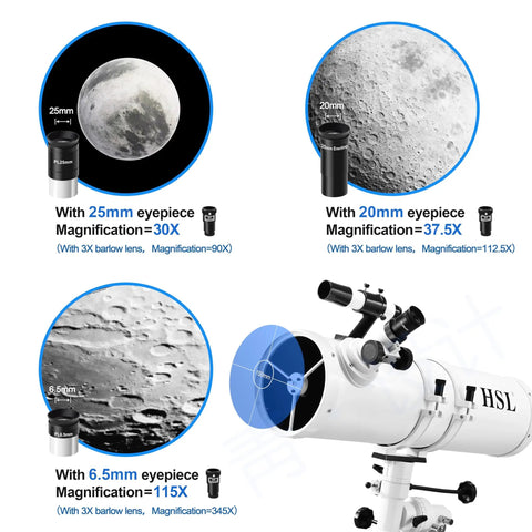 Image of 150mm Aperture Reflector Telescope For Adults With 750mm Focal Length Includes 5 Color Filters And 3x Barlow Lens Manual German Equatorial Mount With Smooth Slow Motion Altitude Lever For Serious Stargazing showing eyepieces for various magnifications