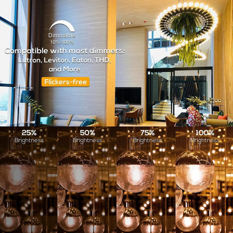 Image showing Dope LED Globe Bulbs G16.5 With E12 Base lighting in various dimmable settings and a modern living space with chandelier.