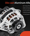 Plug And Play Alternator Replacement For Hyundai Elantra 2007 To 2012 2.0L L4, Kia Soul 2010 To 2011 2.0L, Spectra 2007 To 2009 2.0L L4, Spectra5 2007 To 2009 2.0L L4, OE Style 11311N 2655635 3730023650 Compatible, close-up view showing die-cast aluminum alloy and technical features.