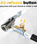 Close-up of air release button on No Hassle Flexible Twenty Inch Tire Inflator Hose Adapter for easy inflation/deflation.