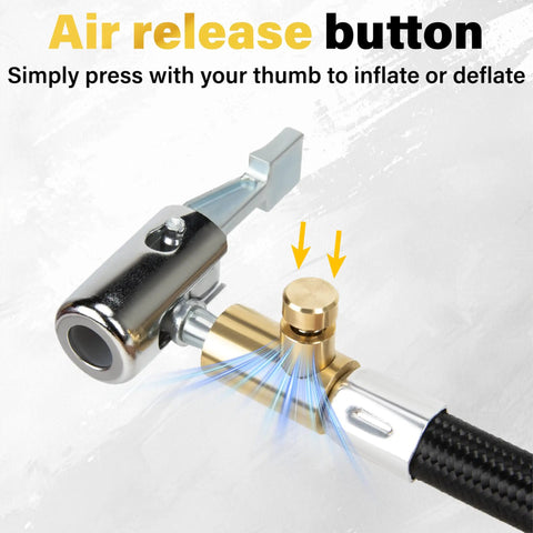 Close-up of air release button on No Hassle Flexible Twenty Inch Tire Inflator Hose Adapter for easy inflation/deflation.