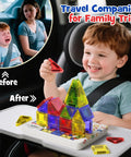 Child playing with On The Go Magnetic Tiles For Kids 40Pcs STEM Building Blocks with Visual Storage Guide and Metal Travel Box Play Base.