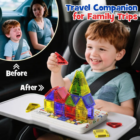 Child playing with On The Go Magnetic Tiles For Kids 40Pcs STEM Building Blocks with Visual Storage Guide and Metal Travel Box Play Base.