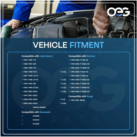 Vehicle compatibility chart for engine parts, listing models for John Deere, Kubota, Scag, and Kawasaki. OEG Parts branding included.