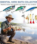 Man fishing by lake displaying fish and All In One Freshwater Fishing Lure Kit With Tackle Box Included Crankbaits Soft Plastic Baits Poppers Minnows Hooks Weights And Accessories For Bass Trout Walleye Beginners