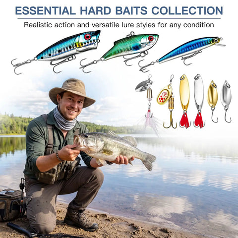 Man fishing by lake displaying fish and All In One Freshwater Fishing Lure Kit With Tackle Box Included Crankbaits Soft Plastic Baits Poppers Minnows Hooks Weights And Accessories For Bass Trout Walleye Beginners