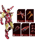 Marvel Infinity Saga Iron Man MK85 Armor Buildable Model Kit With LED Chest And Eyes, showing articulated parts and accessories