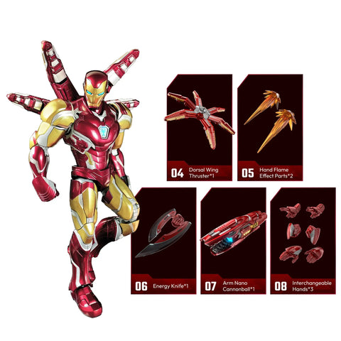 Marvel Infinity Saga Iron Man MK85 Armor Buildable Model Kit With LED Chest And Eyes, showing articulated parts and accessories