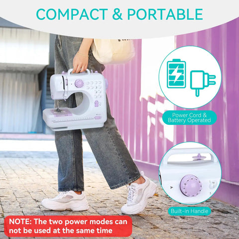 Person carrying Portable Mini Sewing Machine For Beginners With Dual Speed And 12 Stitches Foot Pedal And Accessories Kit