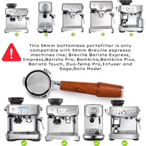 Killer 54Mm Bottomless Portafilter Set For Breville Espresso Machines With Calibrated Tamper, shown with compatible machines.