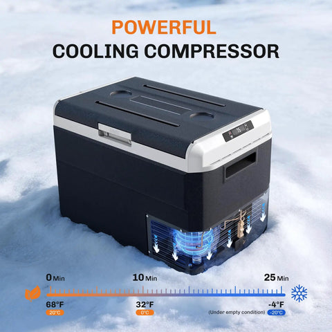 12 Volt Refrigerator With 54 Quart Capacity Portable Freezer Electric Cooler Includes Ac Dc Cords For Road Trips And Camping showing cooling compressor on snow.