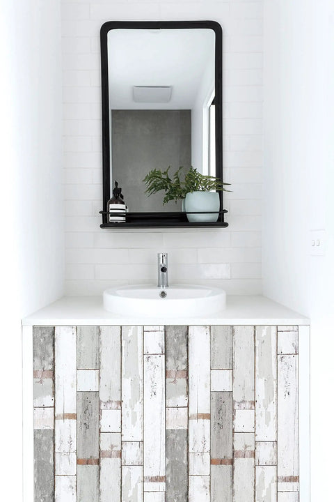 Wood Panel Peel And Stick Wallpaper For Cabinets And Furniture, Waterproof And Easy To Clean Self Adhesive Film, Light Texture Washed White Finish, 19.6 By 118 Inches, Two Pack, Great For Any Surface Or Decor Project on a bathroom cabinet