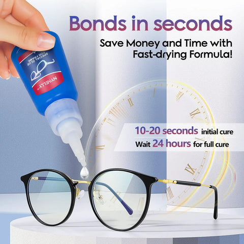 Clear Glasses Frames Glue For A Fast Fix And Bonding, Instant Strong Adhesive For Plastic Metal Wood Rubber Leather Eyewear being applied to eyeglasses
