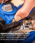 Close-up of Rebel 20V Ionic Drive Pocket Hole Joiner Kit with adjustment settings for precise woodworking and carpentry joints.