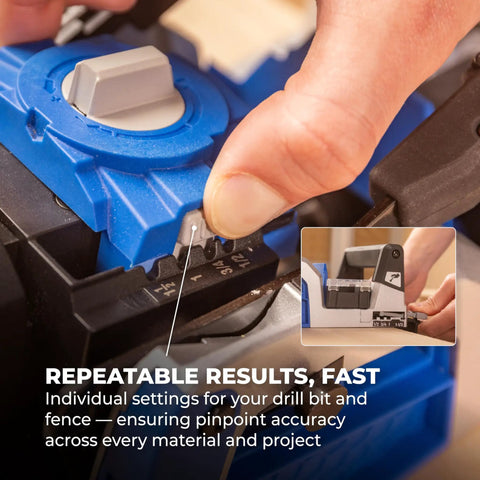 Close-up of Rebel 20V Ionic Drive Pocket Hole Joiner Kit with adjustment settings for precise woodworking and carpentry joints.