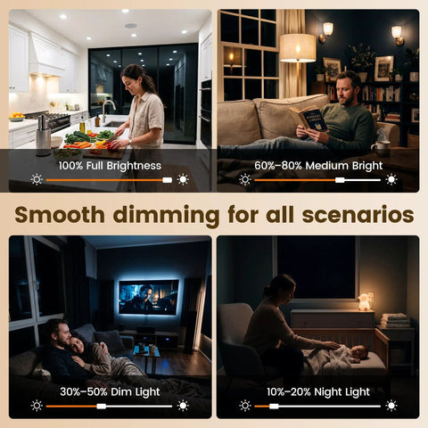 Real Smooth Flicker Free Dimmer Switch For Leds And Cfl Bulbs handles various brightness levels in home lighting scenarios.