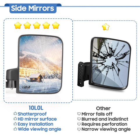 No Drilling Golf Cart Mirror Kit With 180 Degree Rotation Foldable HD Shatterproof Glass side view comparison between shatterproof and broken mirror showcasing differences in clarity and durability for Club Car EZGO and other carts.