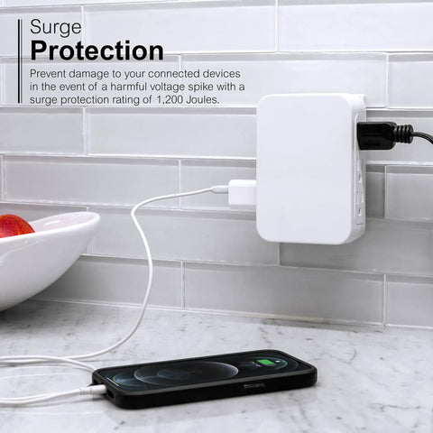 Six Outlet Surge Protector Wall Tap Extender With Side Access Design For Tight Spots, 1200 Joules, 3 Prong Grounded Outlets, UL Listed, White, Great For Home Office And Entertainment Setups