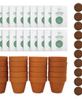 Sunflower Seed Starter Kit Bulk 20 Pack With Mini Terracotta Pots For Weddings DIY Crafts Classroom Projects Party Favors And Easy Home Gardening For All Ages, showing seed packets, pots, and soil discs.