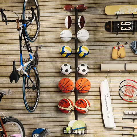 Wall Mounted Basketball Rack And Football Holder For Garage Sidekick, Adjustable Diy Soccer Stand With Basket, Hella Durable Black Metal Game Ball Organizer Flipping Tight Clutter Into Smooth Storage Flow with sports balls and bicycle.