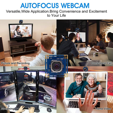 USB Camera Module With Autofocus 2MP 1080p FHD Industrial Grade Webcam used for streaming, recording, and video calls in various settings.