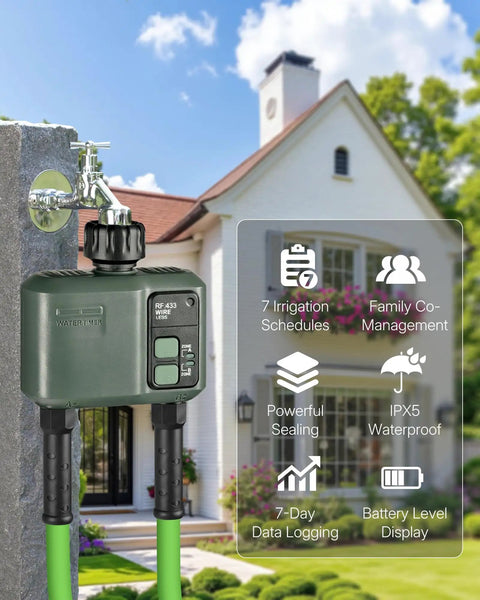 WiFi Garden Water Timer For 2 Zone Sprinklers installed outdoors with control options visible, showing app scheduling features.