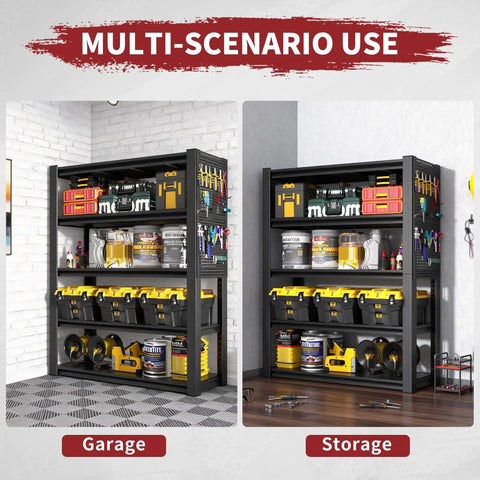 Badass Heavy Duty Storage Shelving With Pegboard 5 Tier Metal Rack Unit Max 2000 Lb Capacity Built Like A Tank For Garage Workshop And Home Storage Black Steel in garage and storage use.