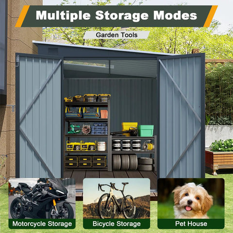 Six By Eight Ft Lean To Shed With Skylight And Double Doors, metal outdoor storage for tools and lawn gear