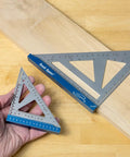 4 Inch And 7 Inch Stainless Steel Bench Square Set With Tri Square, Aluminum Base In Blue Anodized Finish on wooden board