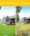 2 In 1 Lawn Dethatcher Rake With Dual Side Tines in use showing before and after lawn condition near house