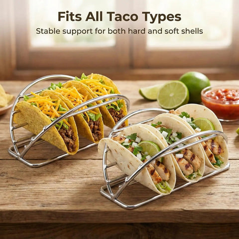 4 Piece Stainless Steel Taco Holder Stand Set With V Shaped Multi Layer Taco Rack holding soft and hard shell tacos