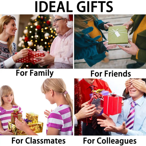 Ideal gifts for family, friends, classmates, and colleagues shown in a collage with people exchanging wrapped presents.
