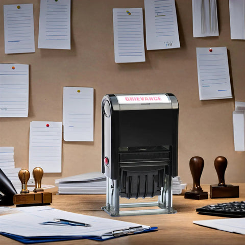 Slick No Sweat Self Inking Paid Stamp With Date And Check Number Heavy Duty Two Color Refillable Ink Pad on office desk.