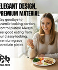 Woman enjoying meal on porcelain portion control plate set of 2, 9.3 inch divided dinner plates for weight loss and mindful eating.