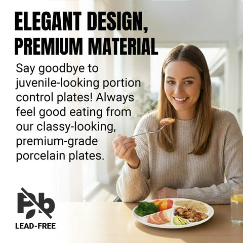 Woman enjoying meal on porcelain portion control plate set of 2, 9.3 inch divided dinner plates for weight loss and mindful eating.
