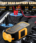 Beefy Go-To Portable Jump Starter With Air Compressor for Cars and Trucks, displayed connecting to car battery.