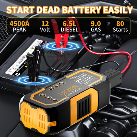 Beefy Go-To Portable Jump Starter With Air Compressor for Cars and Trucks, displayed connecting to car battery.