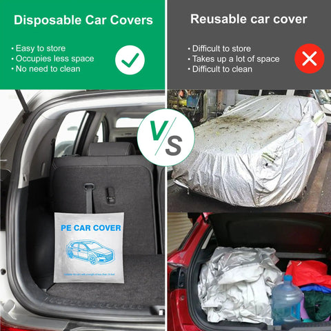 Comparison of disposable vs reusable car covers; includes 4 Pack Universal Disposable Car Covers Waterproof Plastic Car Cover For Outdoors Weather Protection Elastic Hem Fit For Sedans SUVs And Cars Size Large.