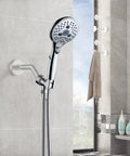 7 Setting Handheld Shower Head With On Off Pause Switch For No Fuss Easy Use High Pressure 4.8 Inch Spray Head 59 Inch Shower Hose Angle Adjustable Holder Chrome Finish mounted on a bathroom wall