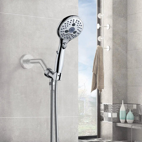 7 Setting Handheld Shower Head With On Off Pause Switch For No Fuss Easy Use High Pressure 4.8 Inch Spray Head 59 Inch Shower Hose Angle Adjustable Holder Chrome Finish mounted on a bathroom wall