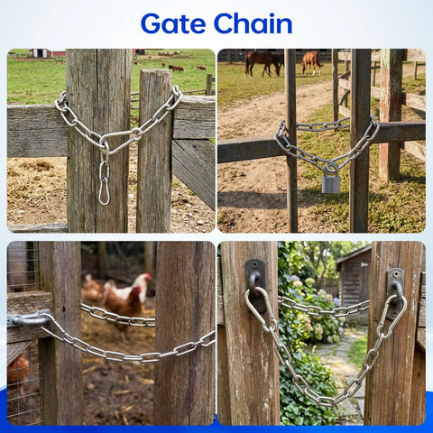 Heavy Duty Two Pack Stainless Steel Gate Chain Lock Built Tough As Nails With Rust Resistant Carabiners For Secure Farm Yard Perimeter Control And Livestock Gate Safety on wooden and metal gates.