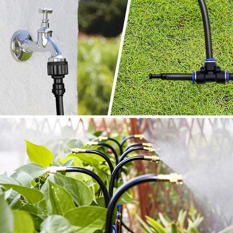 Garden Hose Quick Connect Kit Two Pack With Five Sixteenth Inch Single Port Connectors Faucet Adapters And Pipe Plugs Drip Irrigation Parts Fits Three Quarter And One Half Inch Faucets Easy No Fuss Outdoor Watering in use with garden setup