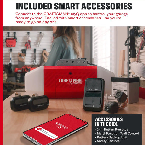 3/4 HP Ultra Quiet Smart Belt Drive Garage Door Opener with Wi Fi Control and Battery Backup, remotes, myQ app interface visible