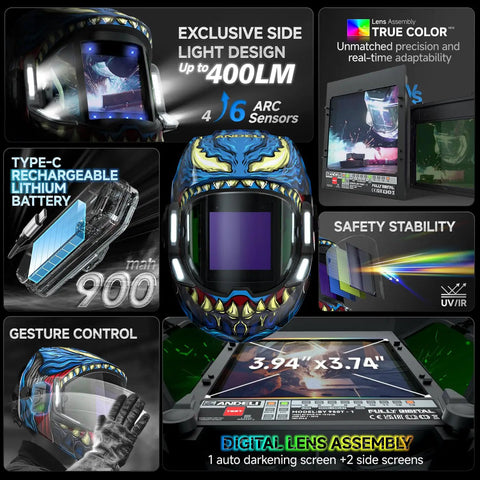 Panoramic 180 Degree Auto Darkening Welding Helmet For Pro Grade Clarity With True Color View And Built In LED Lights