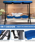Cozy Three Seat Patio Swing With Adjustable Canopy And Built In Side Tables, Outdoor Porch Glider in 2-in-1 convertible bed position