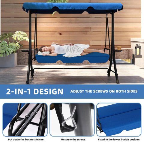 Cozy Three Seat Patio Swing With Adjustable Canopy And Built In Side Tables, Outdoor Porch Glider in 2-in-1 convertible bed position