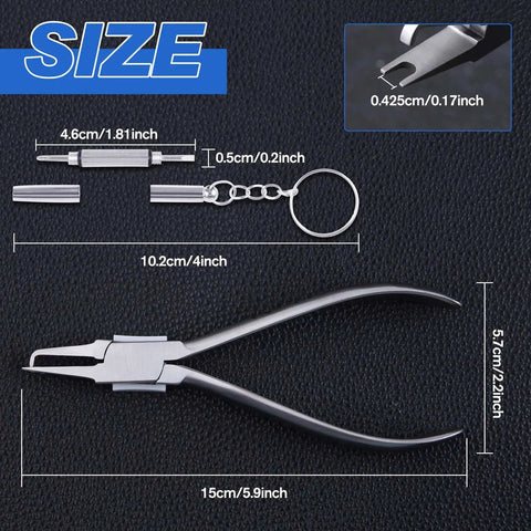 Top Tier Optical Repair Kit Featuring Hella Durable Stainless Steel Nose Pliers Plus A Nifty Mini Eyeglass Screwdriver Delivering Straight Up Precision Adjustments For Effortless Daily Frame Maintenance showing sizes of pliers and screwdriver.