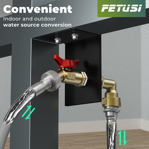 DIY Water Spigot Kit And Hose Bib Extender With Brass Connector in use, showing water flow through the screen door adapter.