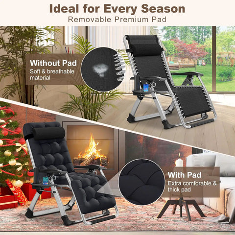 Cozy Folding Recliner Chair With Adjustable Back And Removable Cushion For Indoor Outdoor Use, displayed with and without pad